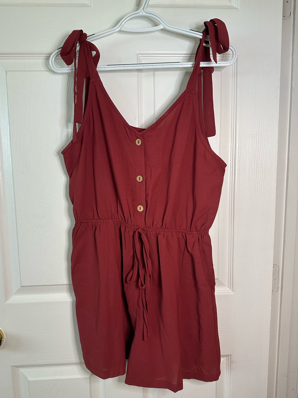 Dark red/ wine women’s romper with adjustable bow-tie shoulder straps & waist